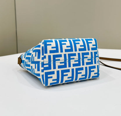 FENDI MINI ROLL BAG 15 OCEAN BLUE MIX WHITE FF JACQUARD FABRIC