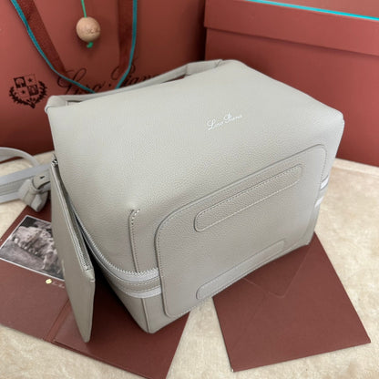 LORO PIANA MEDIUM 36 BAG IN PALE GRAY CALFSKIN WITH SILVER HARDWARE