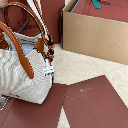 LORO PIANA MICRO BALE BAG IN WHITE CANVAS AND BRONZE BROWN CALFSKIN