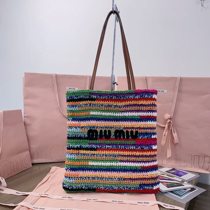 MIU MIU CROCHET TOTE BAG 38 IN MULTICOLORED WOVEN RAFFIA