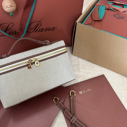 LORO PIANA EXTRA POCKET L19 IN WHITE CANVAS AND CHESTNUT BROWN CALFSKIN WITH GOLD HARDWARE