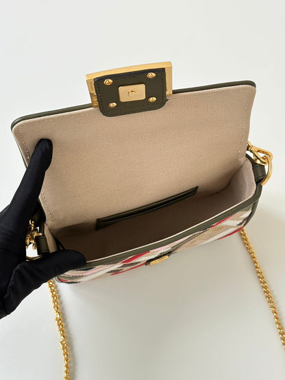 FENDI BAGUETTE CANVAS 19 BAG WITH MULTICOLOUR FF EMBROIDERY GOLD HARDWARE