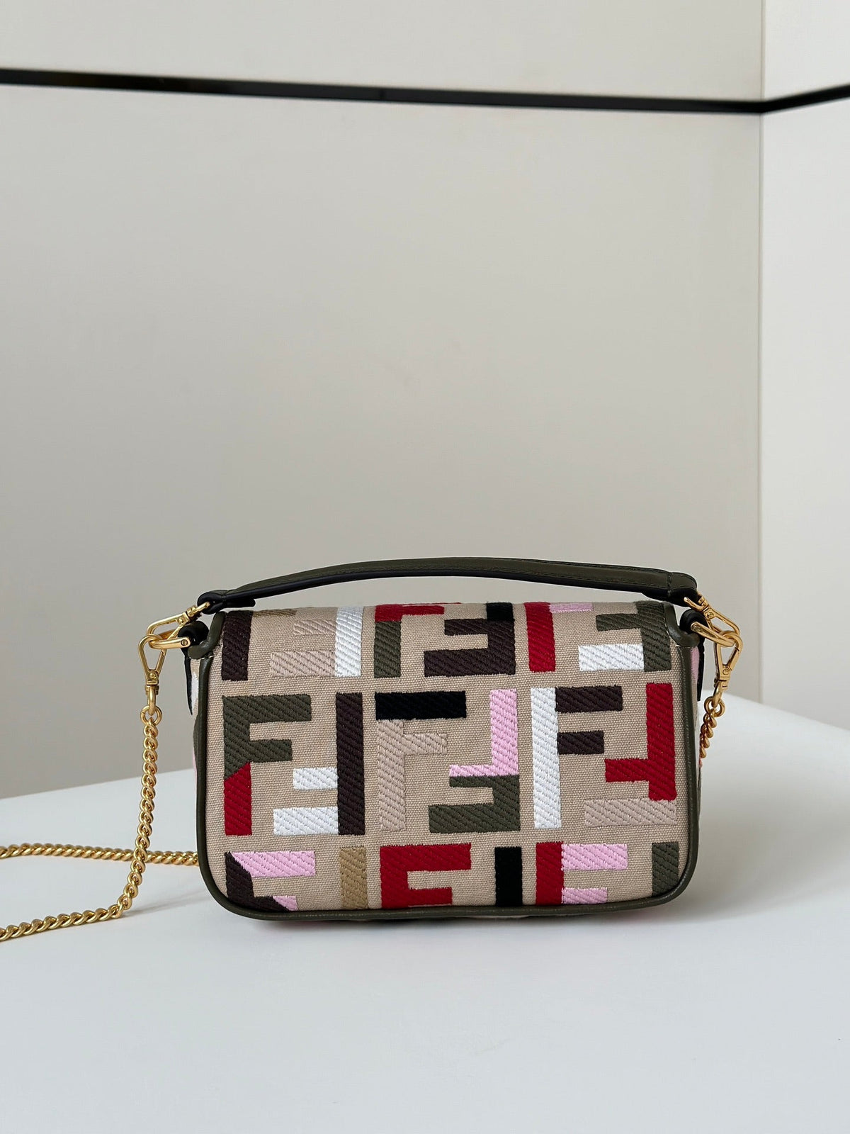 FENDI BAGUETTE CANVAS 19 BAG WITH MULTICOLOUR FF EMBROIDERY GOLD HARDWARE