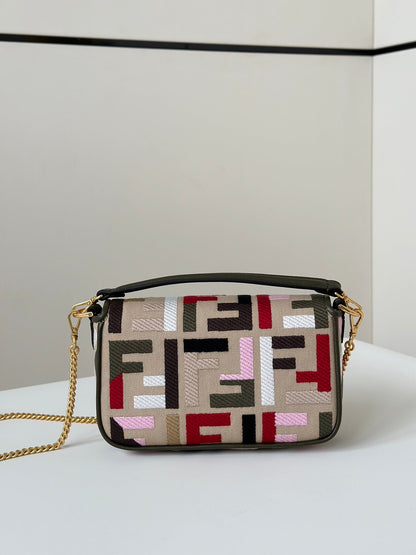 FENDI BAGUETTE CANVAS 19 BAG WITH MULTICOLOUR FF EMBROIDERY GOLD HARDWARE
