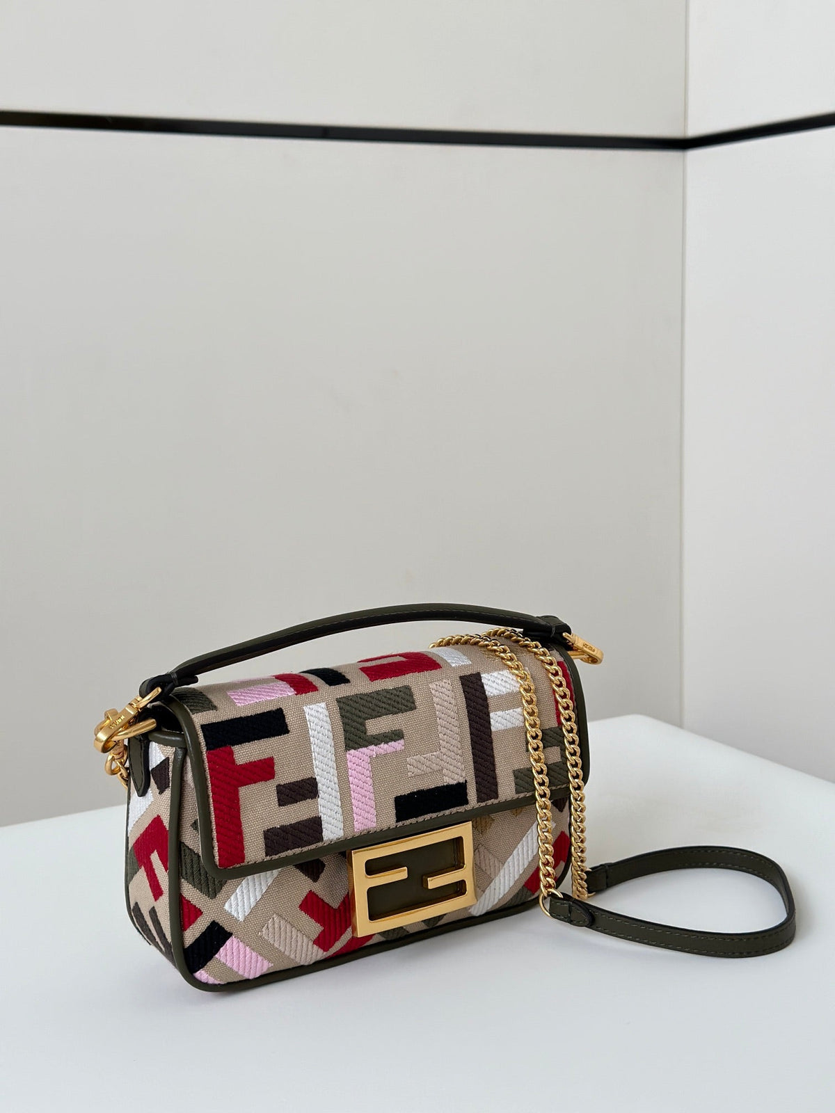 FENDI BAGUETTE CANVAS 19 BAG WITH MULTICOLOUR FF EMBROIDERY GOLD HARDWARE