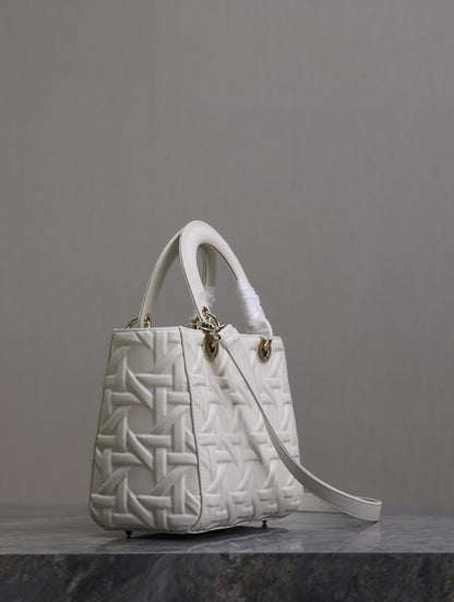 DIOR LADY BAG 24 IN WHITE GRAPHIC CANNAGE CALFSKIN PALE GOLD-FINISH METAL CHARMS