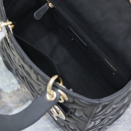 DIOR LADY BAG 24 IN BLACK GRAPHIC CANNAGE CALFSKIN PALE GOLD-FINISH METAL CHARMS