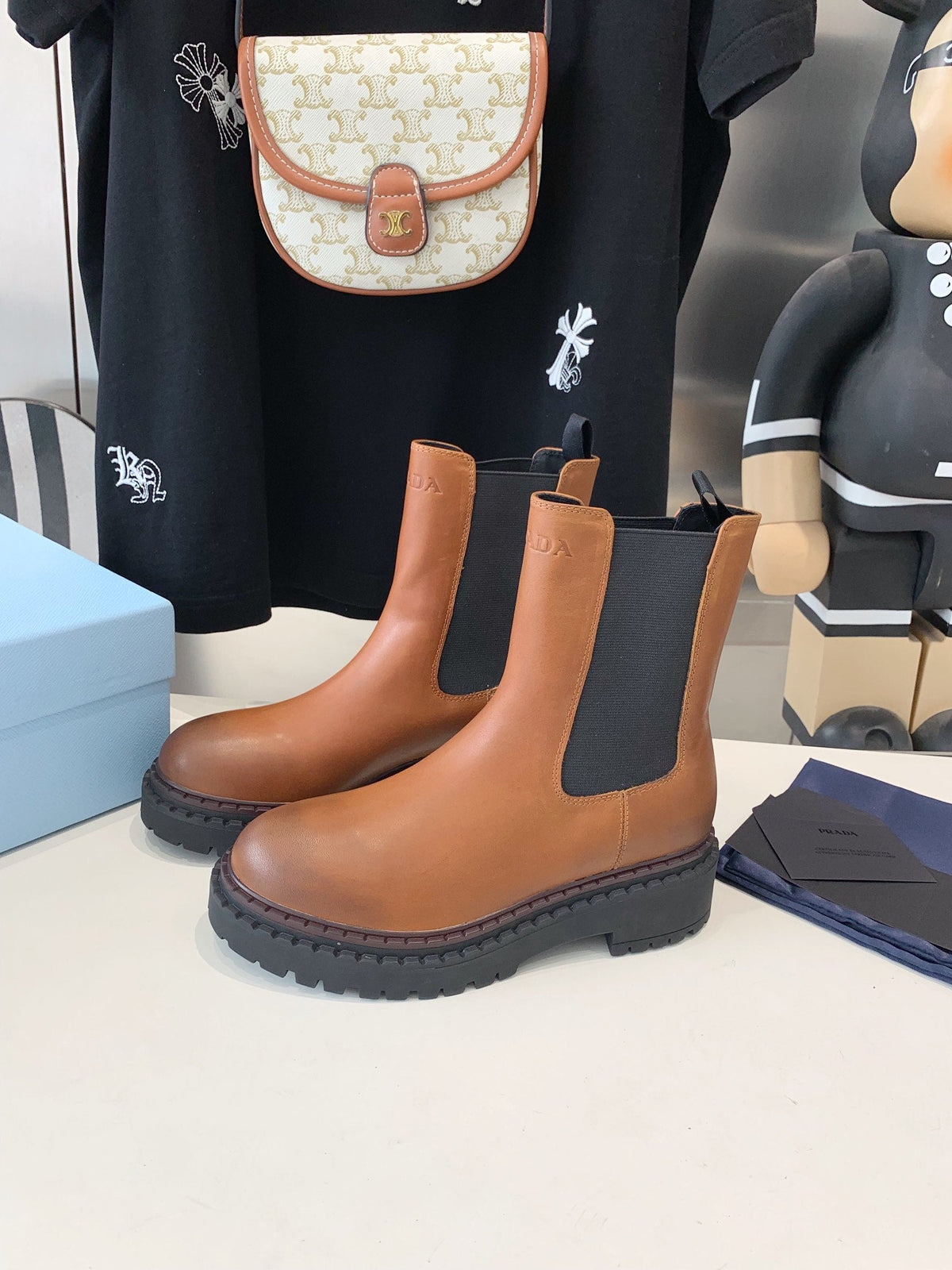 PRADA ANKLE BOOTS IN CINNAMON BROWN CALFSKIN
