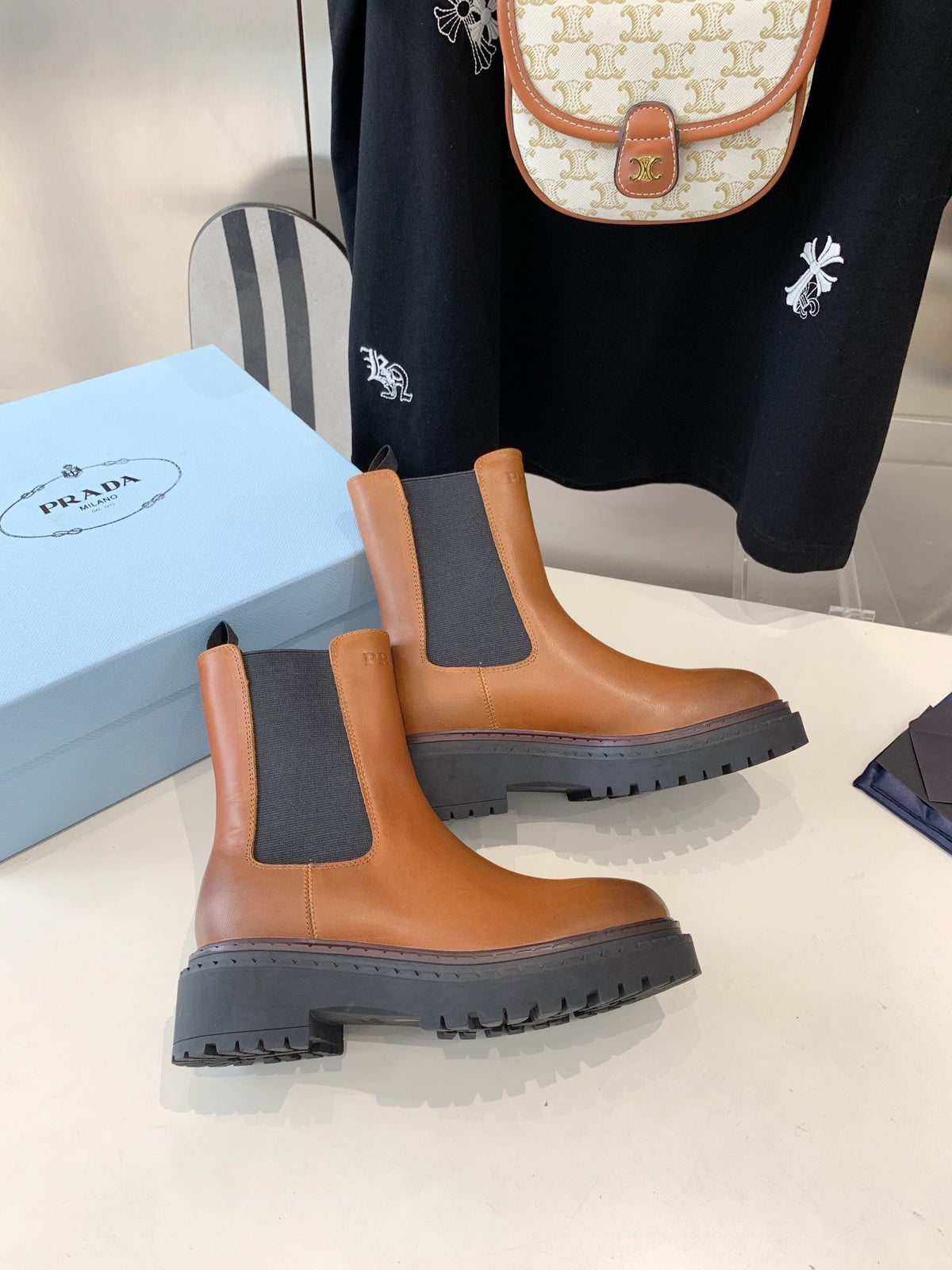 PRADA ANKLE BOOTS IN CINNAMON BROWN CALFSKIN
