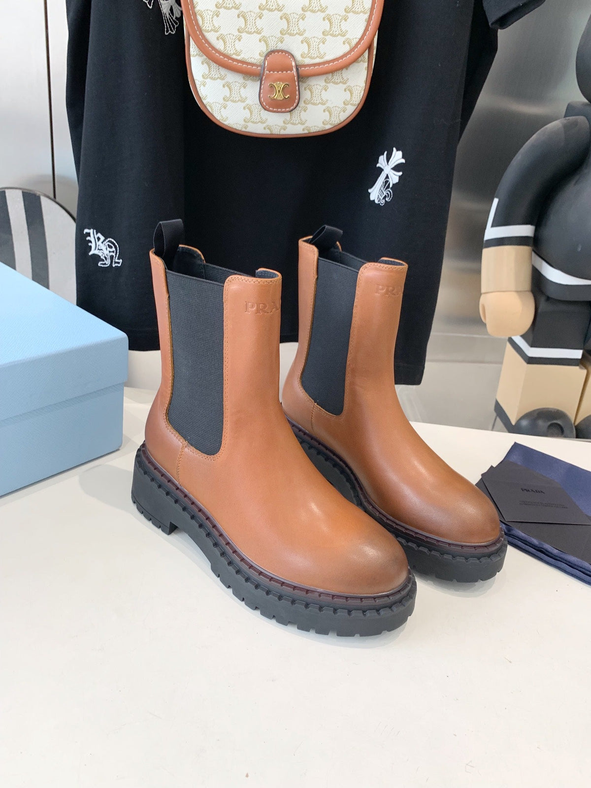 PRADA ANKLE BOOTS IN CINNAMON BROWN CALFSKIN