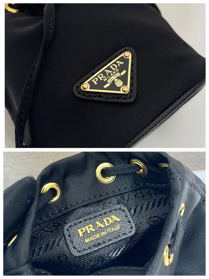 PRADA MINI BUCKET BAG 10 IN BLACK RE-NYLON AND SAFFIANO LEATHER STRAP