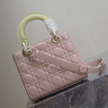 DIOR MEDIUM LADY BAG 20 IN BABY PINK QUILTED MACROCANNAGE CALFSKIN SWAMP YELLOW STRAP