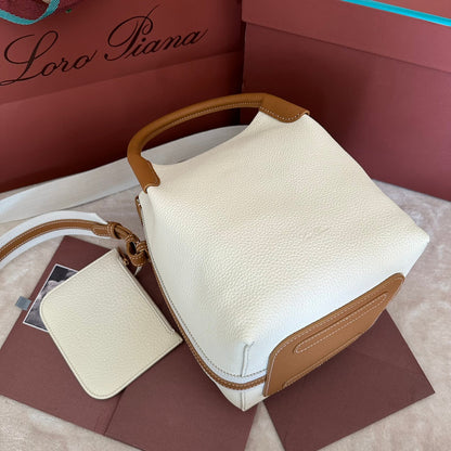 LORO PIANA SMALL 21 BALE BAG IN WHITE MIX BRONZE BROWN GRAINED CALFSKIN