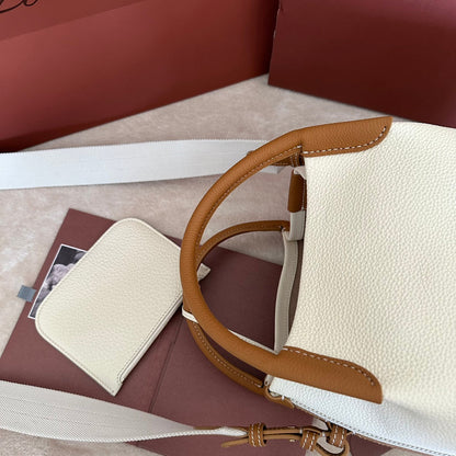LORO PIANA SMALL 21 BALE BAG IN WHITE MIX BRONZE BROWN GRAINED CALFSKIN