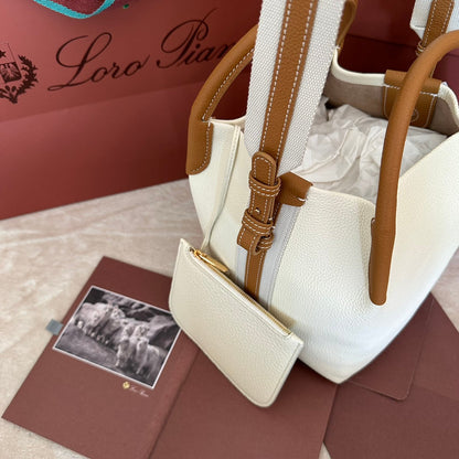 LORO PIANA SMALL 21 BALE BAG IN WHITE MIX BRONZE BROWN GRAINED CALFSKIN