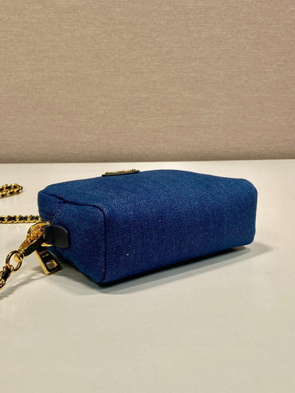 PRADA MINI BAG 14 IN AZURE BLUE DENIM GOLD HARDWARE