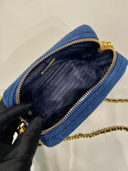 PRADA MINI BAG 14 IN AZURE BLUE DENIM GOLD HARDWARE