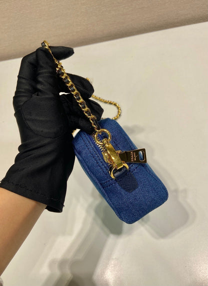 PRADA MINI BAG 14 IN AZURE BLUE DENIM GOLD HARDWARE