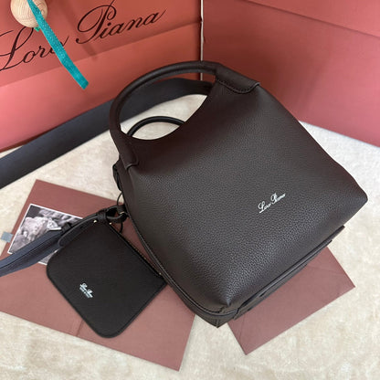 LORO PIANA SMALL 21 BALE BAG IN DARK BROWN GRAINED CALFSKIN