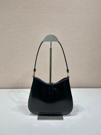 PRADA CLEO SHOULDER BAG 22 IN BLACK BRUSHED LAMBSKIN WITH CLASP CLOSURE
