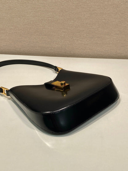 PRADA CLEO SHOULDER BAG 22 IN BLACK BRUSHED LAMBSKIN WITH CLASP CLOSURE