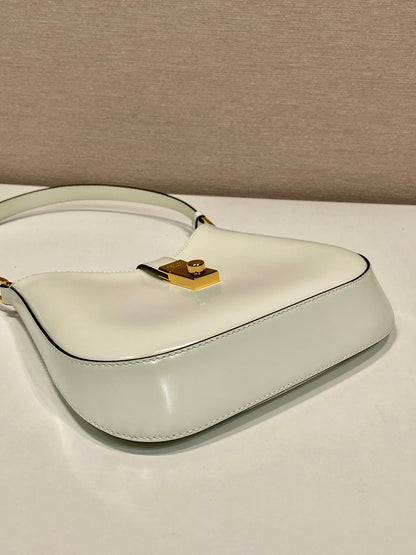 PRADA CLEO SHOULDER BAG 22 IN WHITE BRUSHED LAMBSKIN WITH CLASP CLOSURE