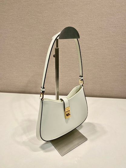 PRADA CLEO SHOULDER BAG 22 IN WHITE BRUSHED LAMBSKIN WITH CLASP CLOSURE