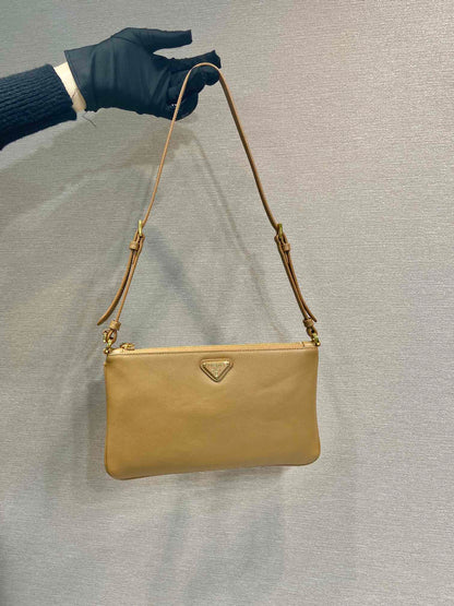 PRADA TRIANGLE LOGO SHOULDER BAG 24 IN PEANUT BROWN SMOOTH CALFSKIN