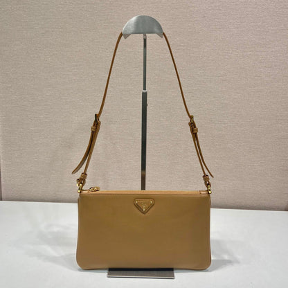 PRADA TRIANGLE LOGO SHOULDER BAG 24 IN PEANUT BROWN SMOOTH CALFSKIN