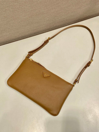PRADA TRIANGLE LOGO SHOULDER BAG 24 IN PEANUT BROWN SMOOTH CALFSKIN