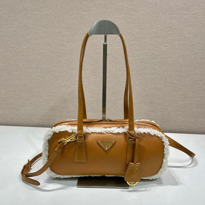 PRADA TOP HANDLE BAG 27 IN BRONZE BROWN SHEEPSKIN AND SHEARLING TRIM