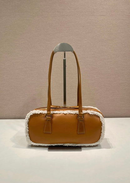 PRADA TOP HANDLE BAG 27 IN BRONZE BROWN SHEEPSKIN AND SHEARLING TRIM