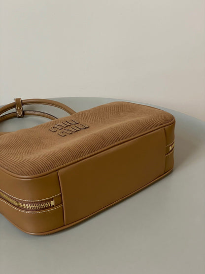 MIU MIU BEAU TOP HANDLE BAG 34 IN MEDIUM BROWN CORDUROY