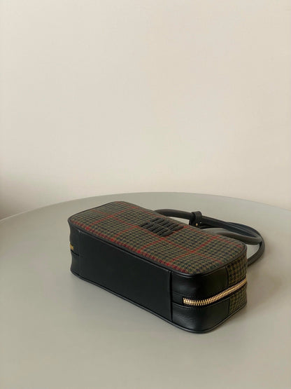 MIU MIU BEAU TOP HANDLE BAG 27 IN LODEN GREEN TARTAN AND BLACK LEATHER TRIM