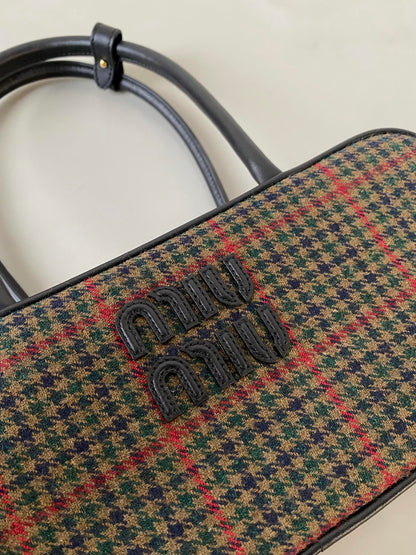 MIU MIU BEAU TOP HANDLE BAG 27 IN LODEN GREEN TARTAN AND BLACK LEATHER TRIM