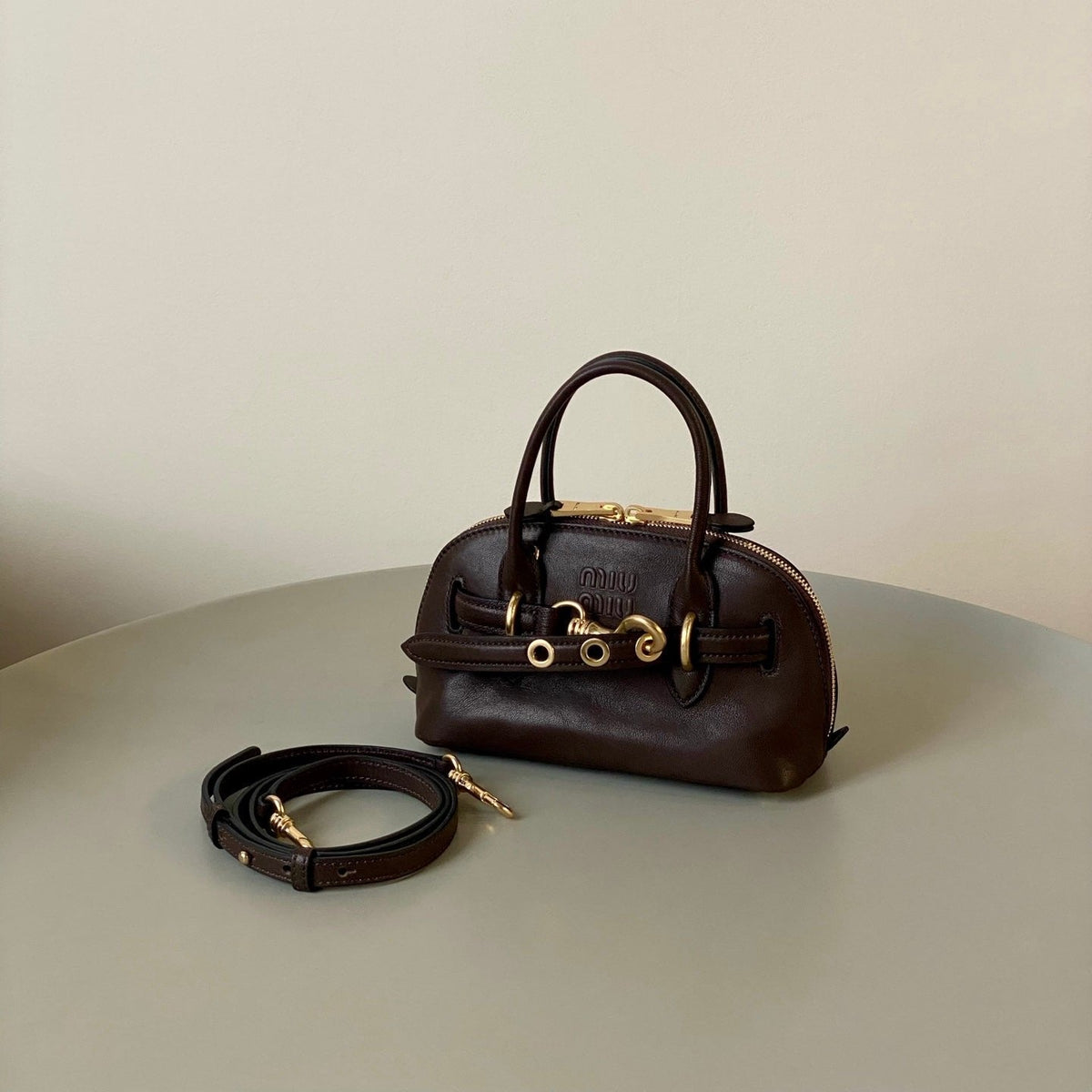 MIU MIU AVENTURE NAPPA MINI BAG 21 IN BRUNETTE BROWN CALFSKIN GOLD HARDWARE