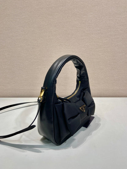 PRADA BOW HOBO BAG 22 IN BLACK RE-NYLON AND LAMBSKIN
