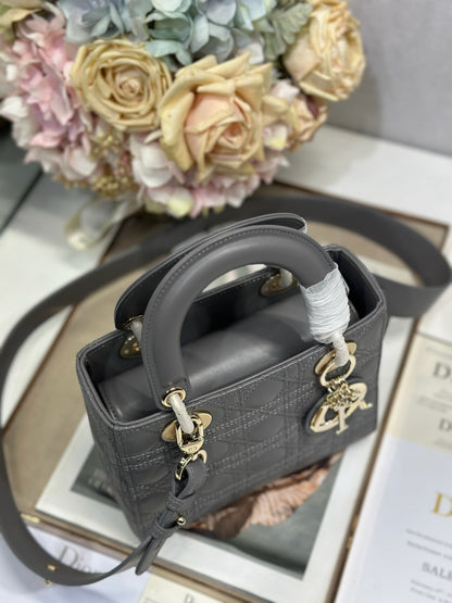 DIOR LADY SMALL BAG 20 IN GREY MACROCANNAGE LAMBSKIN GOLD HARDWARE