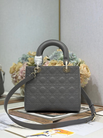 DIOR LADY SMALL BAG 24 IN GREY MACROCANNAGE LAMBSKIN GOLD HARDWARE