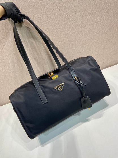 PRADA TRAVEL BAG 40 IN BLACK WATERPROOF FABRIC GOLD PADLOCK