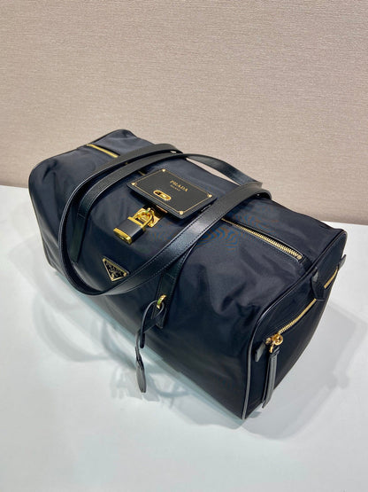 PRADA TRAVEL BAG 40 IN BLACK WATERPROOF FABRIC GOLD PADLOCK