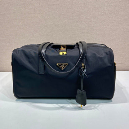 PRADA TRAVEL BAG 40 IN BLACK WATERPROOF FABRIC GOLD PADLOCK