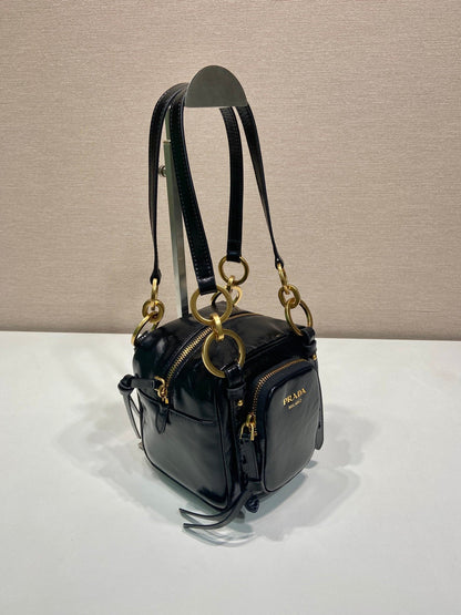 PRADA SMALL RECTANGULAR BAG 14 IN BLACK OIL WAX LAMBSKIN GOLD HARDWARE