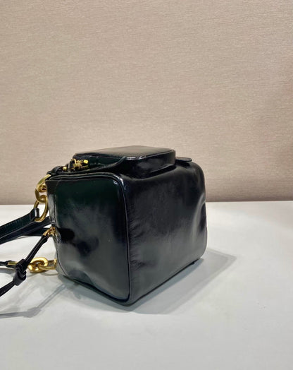 PRADA SMALL RECTANGULAR BAG 14 IN BLACK OIL WAX LAMBSKIN GOLD HARDWARE