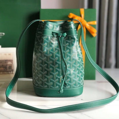 GOYARD PETIT FLOT BUCKET BAG 22 IN GREEN GOYARDINE CANVAS AND LAMBSKIN TRIM