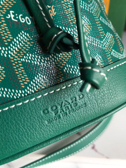 GOYARD PETIT FLOT BUCKET BAG 22 IN GREEN GOYARDINE CANVAS AND LAMBSKIN TRIM