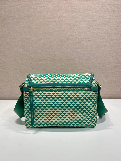 PRADA MESSENGER BAG 25 IN FOREST GREEN MIX CREAM TRIANGLE PATTERN EMBROIDERED FABRIC
