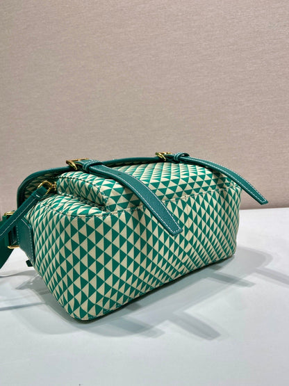PRADA MESSENGER BAG 25 IN FOREST GREEN MIX CREAM TRIANGLE PATTERN EMBROIDERED FABRIC