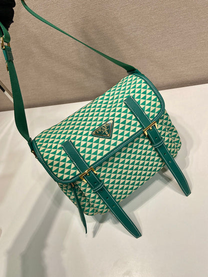 PRADA MESSENGER BAG 25 IN FOREST GREEN MIX CREAM TRIANGLE PATTERN EMBROIDERED FABRIC
