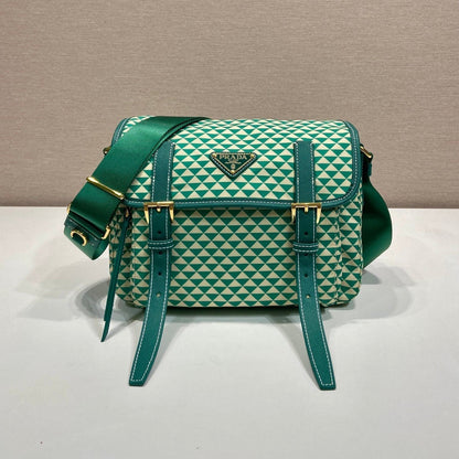 PRADA MESSENGER BAG 25 IN FOREST GREEN MIX CREAM TRIANGLE PATTERN EMBROIDERED FABRIC